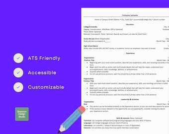 May include: A resume template with a purple background and white text. The template includes sections for education, experience, and skills. The words "ATS Friendly", "Accessible", and "Customizable" are displayed. A blue pencil graphic is in the lower right corner.