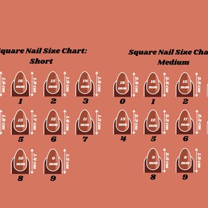 Op de afbeelding: Een vierkante nagelmatentabel met korte en gemiddelde lengtes. De tabel toont nagelmaten van 0 tot 9, metingen in mm en cm. De tekst "Square Nail Size Chart" staat bovenaan.