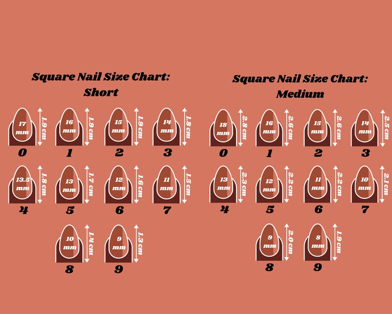 Op de afbeelding: Een vierkante nagelmatentabel met korte en gemiddelde lengtes. De tabel toont nagelmaten van 0 tot 9, metingen in mm en cm. De tekst "Square Nail Size Chart" staat bovenaan.