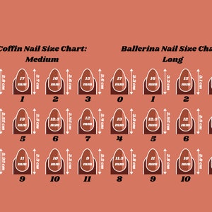 Op de afbeelding: Een nagelmatentabel voor coffin- en ballerina-nagelvormen. De tabel toont nagelmaten van 0 tot 11, met metingen in millimeters en centimeters. De achtergrond is effen oranje.