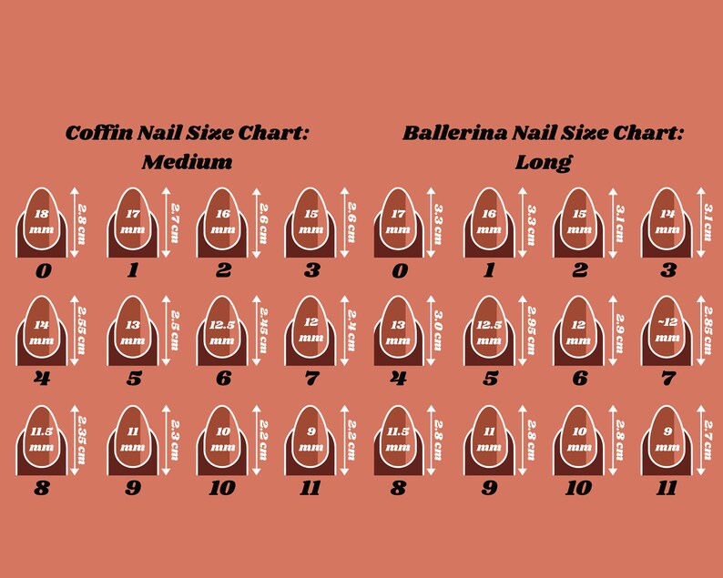 Op de afbeelding: Een nagelmatentabel voor coffin- en ballerina-nagelvormen. De tabel toont nagelmaten van 0 tot 11, met metingen in millimeters en centimeters. De achtergrond is effen oranje.
