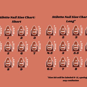 Op de afbeelding: Een stiletto nagelmatentabel met korte en lange nagelmaten in centimeters en millimeters. De tabel bevat maten 0-9 voor korte nagels en 1-9 voor lange nagels. De tekst "Size kit will be labeled 0-11, apologies for any confusion" is ook opgenomen.
