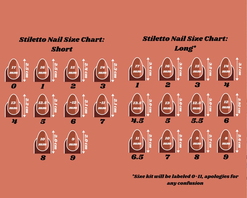 Op de afbeelding: Een stiletto nagelmatentabel met korte en lange nagelmaten in centimeters en millimeters. De tabel bevat maten 0-9 voor korte nagels en 1-9 voor lange nagels. De tekst "Size kit will be labeled 0-11, apologies for any confusion" is ook opgenomen.