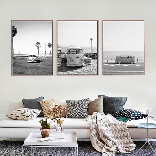 Retro Van Print VW Vans Black and White Photo Coastal - Classic Vintage Car Set of 3 Tropical wall art Home decor - DIGITAL DOWNLOAD