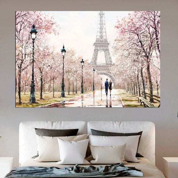 Eiffel Tower Couple in Paris Pink Blossom Trees France Canvas Print Romantic Lovers Romantic painting Wall Art Home Decor Gift for Her