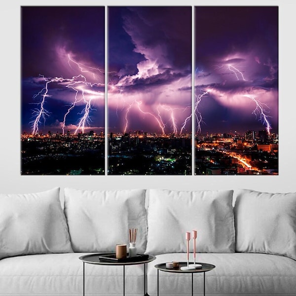 Lightning bolt Framed Modern Wall Art City Night View Picture Fashion Home Decor Storm at Sea canvas print Dark storm clouds Photo