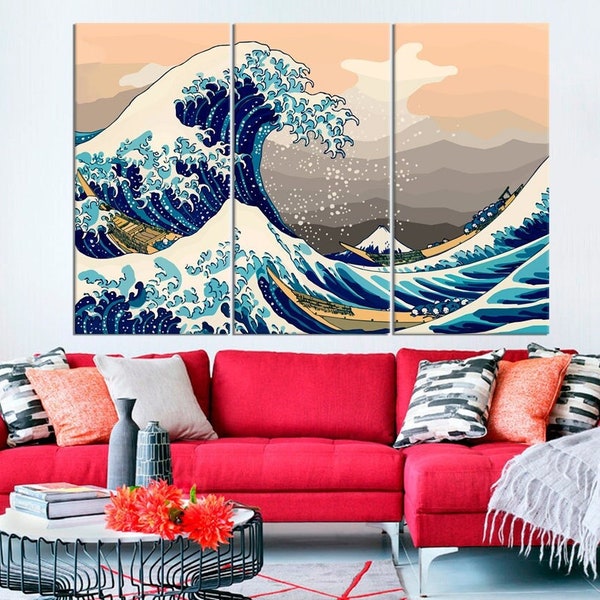 Great Wave off Kanagawa Japanese wall decor Painting by Hokusai Katsushika Modern colorful painting Living room decor Large canvas print