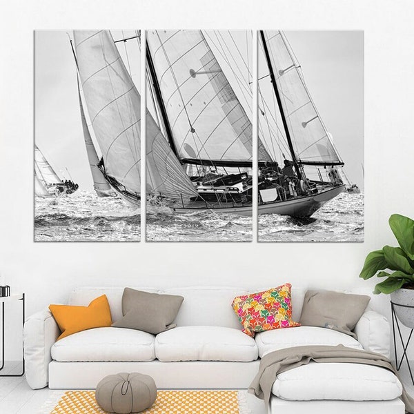 Yacht Regatta canvas wall art - Decoración de pared náutica de velero en blanco y negro - White Sails Seascape Art - Set of 3 - Gift for Men Dad