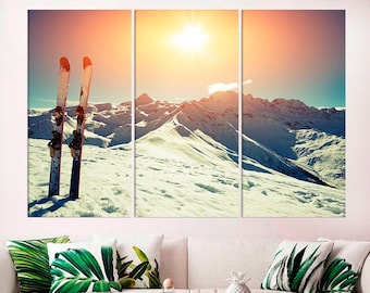 Winter Skis Wall Art Sports Wall Art Extra Large Canvas Snow-capped mountain peaks Motivation Framed Poster Blue Sky Living Room Decor