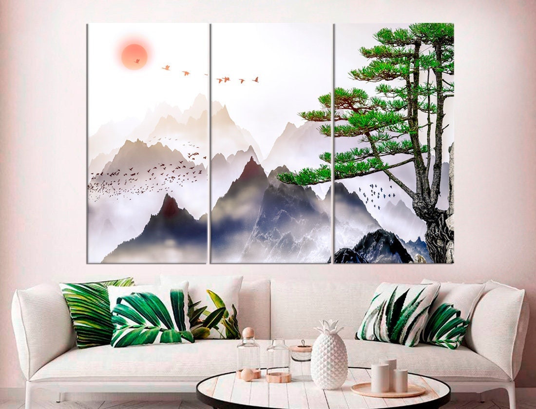 Japanese print Japan home decor Mountain wall art painting Large canvas  print Ready to hang - Scandi Home cherry_blossom_print japan_canvas_art