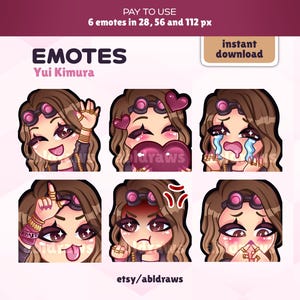 Pode incluir: Conjunto de seis emoticons digitais que representam um personagem de desenho animado com cabelo castanho, bochechas rosadas e diferentes expressões. Os emoticons estão disponíveis em três tamanhos: 28, 56 e 112 pixels. O texto "EMOTES" e "Yui Kimura" é exibido acima dos emoticons. O texto "download instantâneo" é exibido em uma caixa amarela.