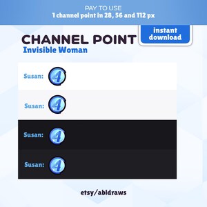 May include: A digital illustration of a blue channel point with the number 4 inside. The text "Susan:" is to the left of the channel point. The text "CHANNEL POINT" is at the top of the image with the text "Invisible Woman" below it. The text "instant download" is in a blue box at the top right of the image. The text "etsy/abldraws" is at the bottom of the image.