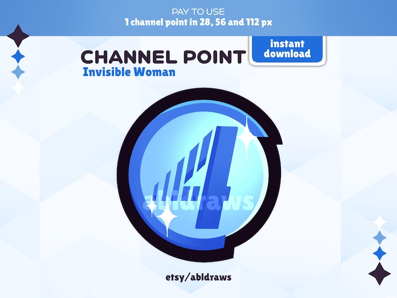 May include: A blue and white channel point icon with the text "CHANNEL POINT" and "Invisible Woman" in white. The icon is on a white background with a blue and white geometric pattern.