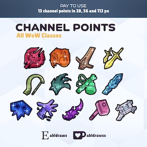 以下が含まれることがあります： World of Warcraft のさまざまなクラスを表す、13 個のカラフルな漫画のアイコンのセット。アイコンは黒で縁取られており、光沢のある光沢のある仕上げになっています。画像の上部には、「CHANNEL POINTS」と「All WoW Classes」というテキストが表示されています。