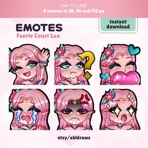 Puede incluir: Seis ilustraciones digitales de una hada de pelo rosa con diferentes expresiones faciales. Los emoticonos están disponibles en 28, 56 y 112 píxeles. El texto "EMOTES" y "Faerie Court Lux" están en la parte superior de la imagen. El texto "descarga instantánea" está en un cuadro rosa en la parte superior derecha de la imagen. El texto "etsy/abldraws" está en la parte inferior de la imagen.