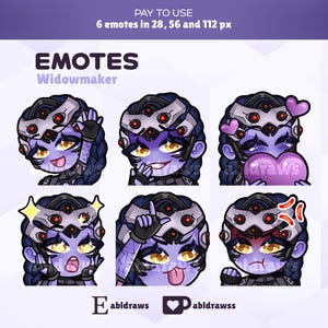 May include: Six emotes featuring the character Widowmaker with various expressions. The emotes are in a cartoon style, with purple skin, black hair, and a futuristic headpiece. The text "EMOTES Widowmaker" is at the top. The text "PAY TO USE" and "6 emotes in 28, 56 and 112 px" are also visible.