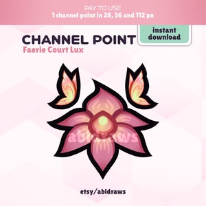 Puede incluir: Una ilustración digital de una flor rosa con dos mariposas. La flor tiene un centro amarillo y las mariposas son naranja y amarillo. El texto "CHANNEL POINT" y "Faerie Court Lux" está por encima de la flor. El texto "descarga instantánea" está en un rectángulo verde. El texto "etsy/abldraws" está debajo de la flor.