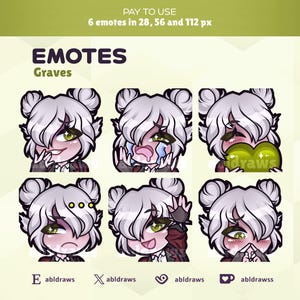 Peut inclure: Graphique présentant six émoticônes d'un personnage aux cheveux blancs et aux yeux verts. Les émoticônes affichent diverses expressions, dont des larmes et des rougissements. Le texte comprend "EMOTES Graves" et "PAY TO USE".
