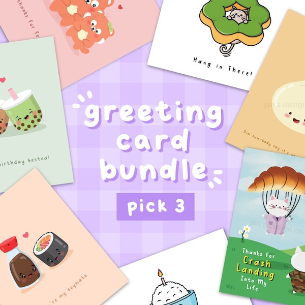 Greeting Card Bundle | Cute Greeting Cards, Greeting Card Pack, Birthday Cards, Cute Punny Cards, Asian Food, K-Drama, Kawaii, Cards For Her