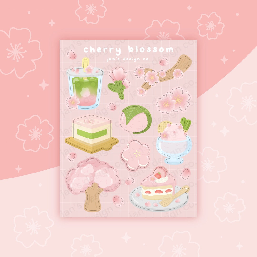 Cherry Blossom Sticker Sheet Cute, Sakura, Matcha, Boba, Cake, Dessert ...