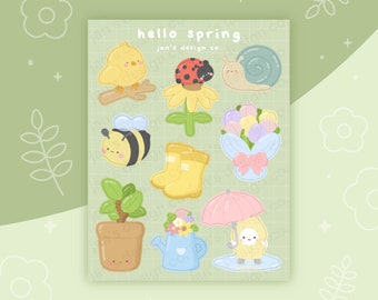 Hello Spring Sticker Sheet | Cute, Bee, Flowers, Tulips, Animals, Spring Sticker, Kawaii, Journaling, Planner, Scrapbooking, Water Resistant