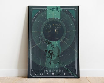 May include: A framed art print featuring a teal and dark teal illustration of the Voyager Golden Record. The design includes a spacecraft, concentric circles, and celestial elements. The word "VOYAGER" is at the bottom.