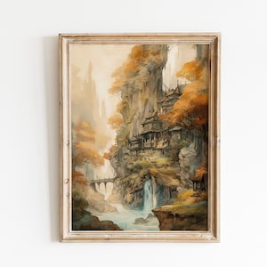 Rivendell - Reise nach Mittelerde mit einem beeindruckenden Aquarell Druck, die Elfenstadt und das Haus Elronds - Digitaler Download