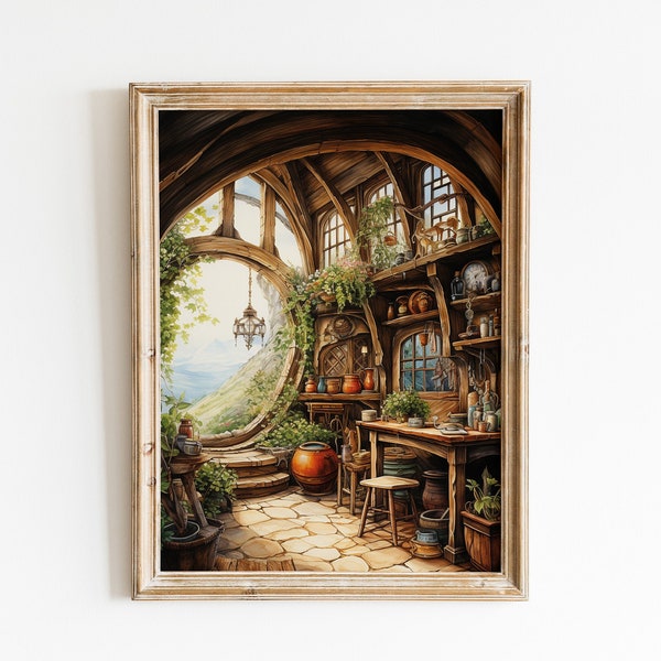 The Shire - Inside Bilbo Baggins Home - Stunning Watercolor Print of Hobbiton's Hobbit Hole- Digital Download