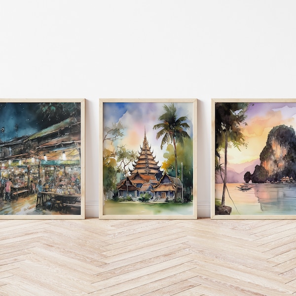 Mystical Thailand: Set of 3 Watercolor Digital Prints of Surat Thani, Night Market, and Nature Views, Asia Travel Poster