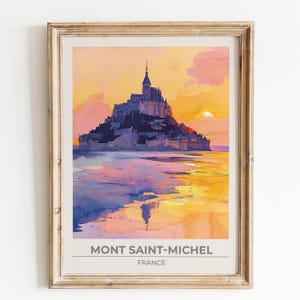 Impresión de acuarela del atardecer en el Mont Saint-Michel: póster de viaje a Francia / arte de pared imprimible Impresión del Mont St Michel en Normandía, Francia