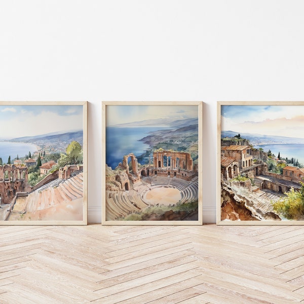 Captivating Taormina: Set of 3 Watercolor Posters of Sicily's Iconic Greek Theatre, Modern Home Decor - Europe Travel Poster