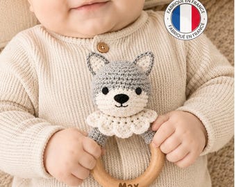 Personalized baby wolf rattle | crochet and natural wood rattle | handmade baby rattle | baby shower gift | handmade baby toy