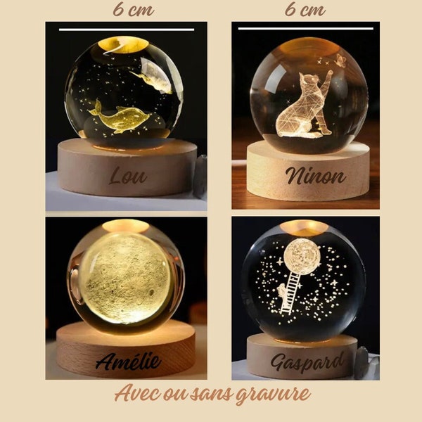 Veilleuse personnalisée boule de cristal/Lampe led/Lampe 3D/Lampe sphère/Cadeau porte bonheur