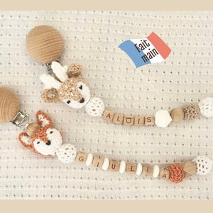 Personalized girl or boy pacifier clip/Reindeer fox crochet pacifier clip/Personalized boy or girl birth gift