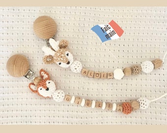Personalized girl or boy pacifier clip/Reindeer fox crochet pacifier clip/Personalized boy or girl birth gift