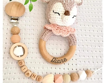 Attache tétine personnalisée fille garçon/Hochet bébé Renne au crochet /Cadeau naissance personnalisé garçon ou fille