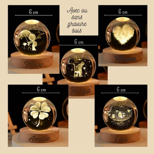 Veilleuse personnalisée boule de cristal/Lampe led/Lampe 3D/Cadeau personnalisé/Cadeau porte bonheur