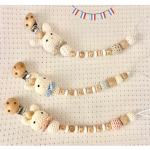 Personalized pacifier clip for girl or boy/Crochet wooden rabbit pacifier clip/Personalized birth gift for boy or girl