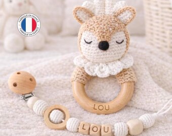 Personalized crocheted wooden baby rattle set | deer rattle | matching pacifier clip | baby shower gift | handmade baby development toy