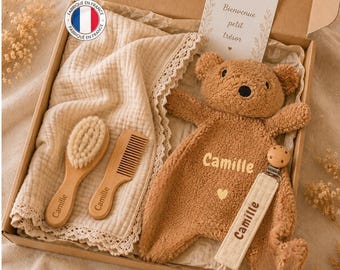 Coffret naissance personnalisé | Couverture bébé gaze de coton, attache tétine prénom, doudou ourson, cadeau naissance, coffret bébé