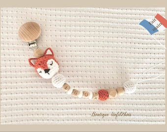 Personalized pacifier clip for girl or boy/Fox crochet pacifier clip/Personalized birth gift for boy or girl