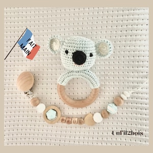 Personalized pacifier clip for boy or girl or pacifier clip + crocheted Koala baby rattle / Personalized birth gift for boy or girl