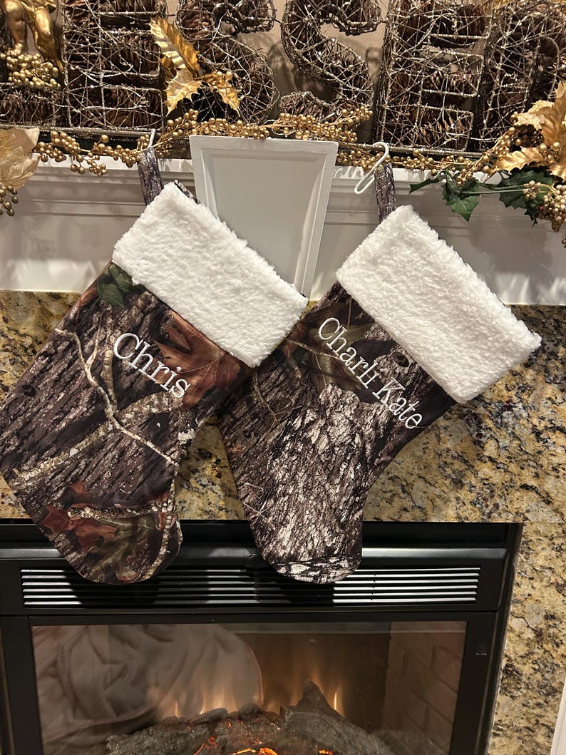 Mossy Oak Camo Christmas Stocking, Personalized Embroidered Name Choice of Thread Color image 1