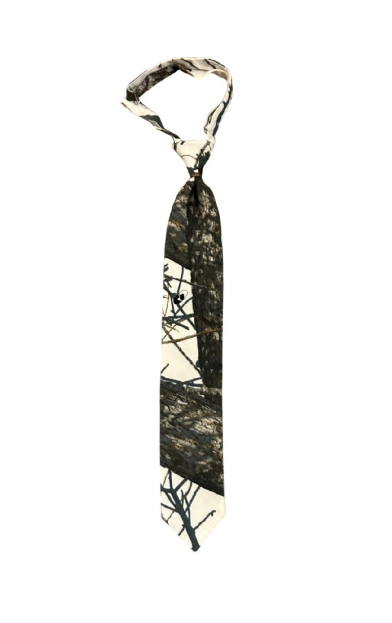 May include: A patterned tie with a camouflage design. The tie features a mix of white, black, and brown tree branch designs. The tie is knotted and hangs against a white background.