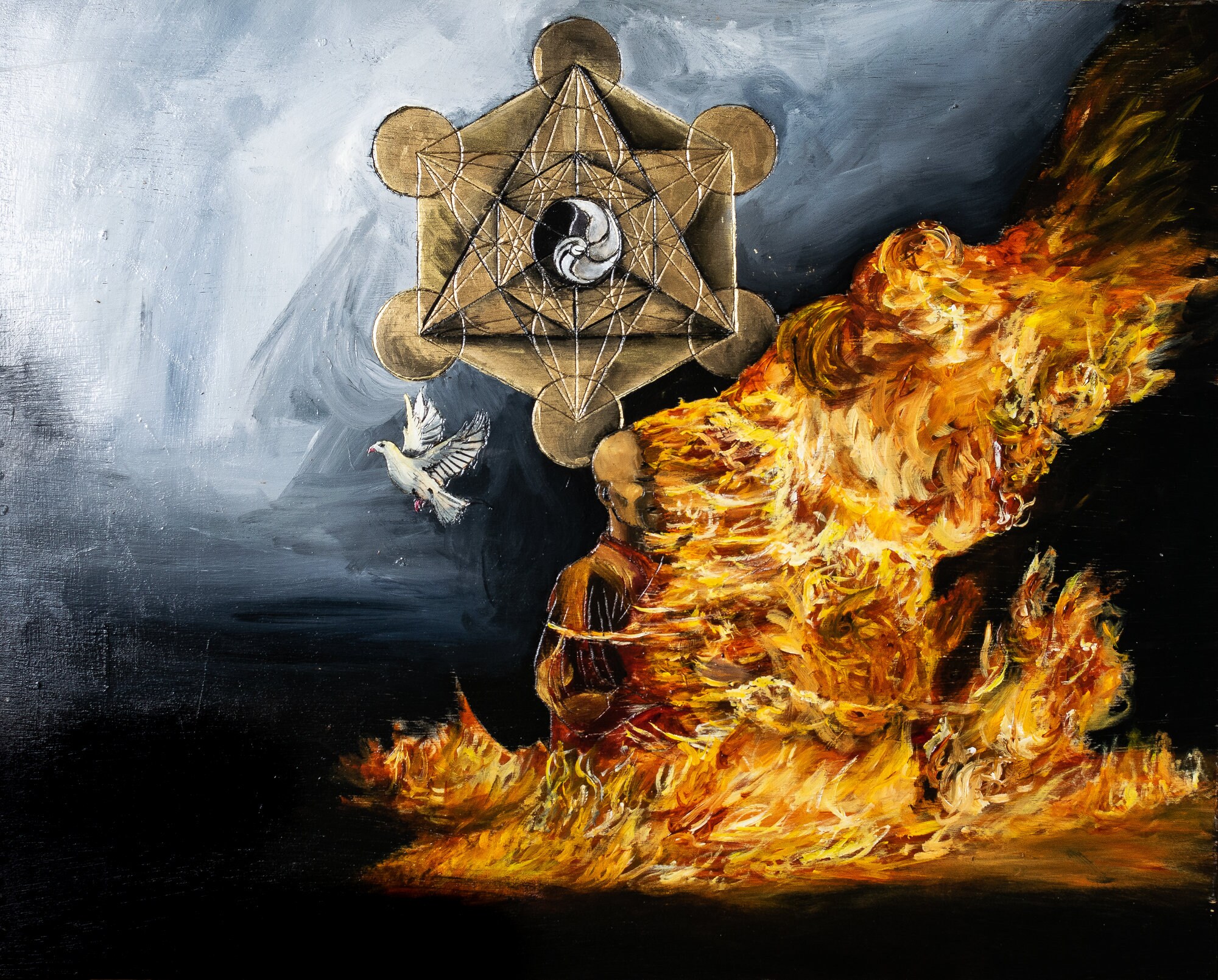 Original Burning Monk, Metatrons Cube Print. Original Acrylic Painting