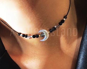 Moon Choker Necklace: Onyx, Clear Quartz and Moonstone Necklace