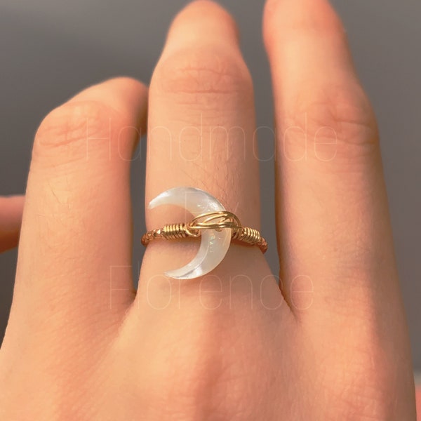 Moon ring gold with natural mother of pearl, wire wrapped bohemian jewelry, adjustable size, beachy vibe