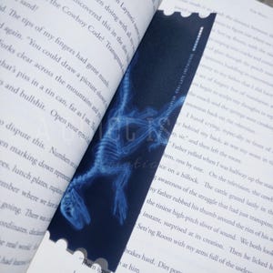 May include: A bookmark featuring a blue X-ray image of a Velociraptor skeleton. The bookmark has a dark blue background with white text that reads "LUQUECT: VELOCIRAPTOR CRAI LATE CRETACEOUS". The bookmark is placed between the pages of a book.