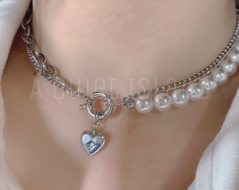 Collar de gargantilla de cadena gruesa de plata con collar de cadena doble de eslabón de cable de perla para su collar gótico de capa de encanto de corazón y estrella