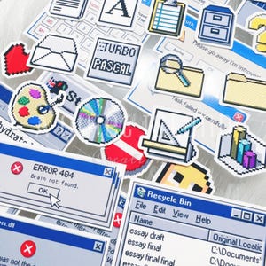 Nostalgic Tech Stickers | Retro 90s Pixel Art Computer Icons Laptop Decals, Funny Windows Pop Up Meme PC Decor